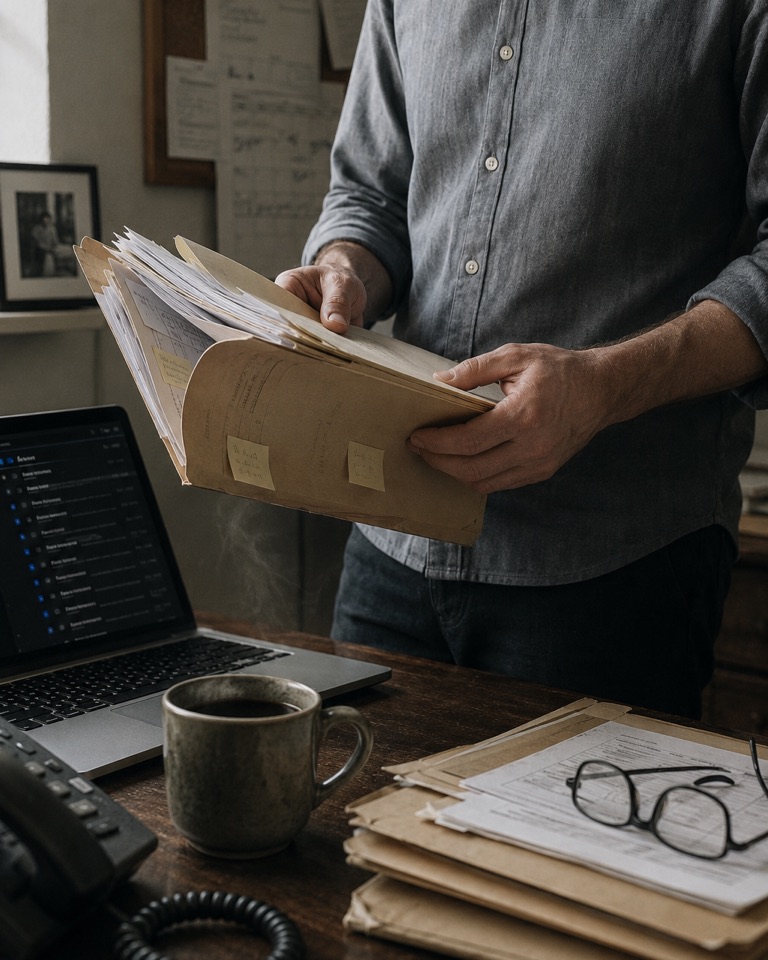 Mittelstands-Backoffice: Hände blättern in einem Aktenordner mit Post-its, daneben Laptop mit Mail-Inbox, Telefon mit gewickeltem Kabel, Kaffeetasse mit Dampf, Lesebrille auf Dokument